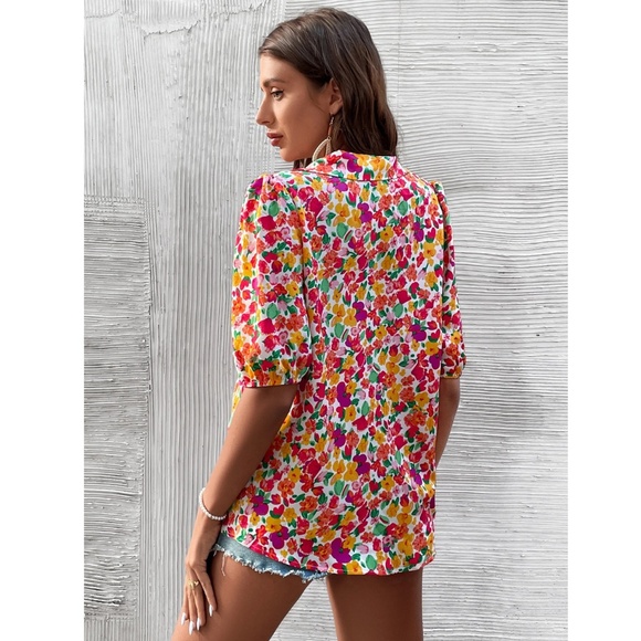 Floral Red Green Pink Button Down Puff Sleeve Shirt Lapel V-Neck - Picture 6 of 7